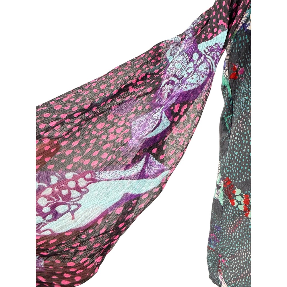 Custo Barcelona Womens Abstract Print Keyhole Tie Neck Chiffon Blouse 4 Flaw - Picture 5 of 8
